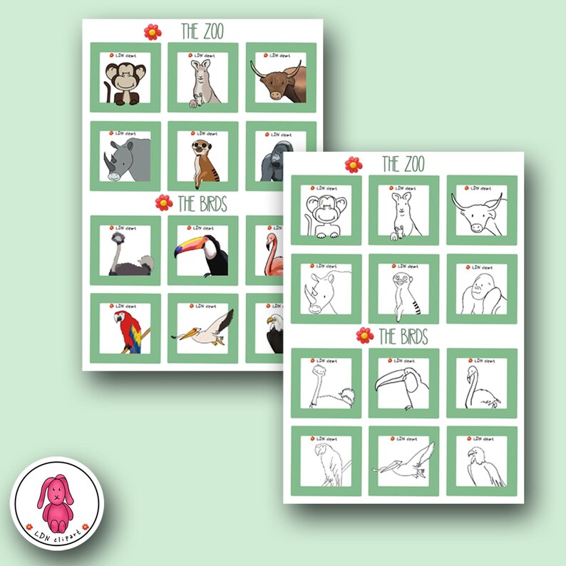 May include: Two illustrated sheets with animal and bird images. The top sheet is labeled "THE ZOO" and "THE BIRDS" with images of a monkey, kangaroo, rhino, meerkat, toucan, parrot, and eagle. The second sheet has similar images.