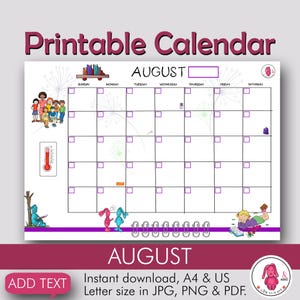 August-Kalender • Monatsplaner • Lehrer • Familie • Schule • Dekoration für Klassenzimmer • Zimmer • Kühlschrank • Drucken & Anpassen • Herunterladen