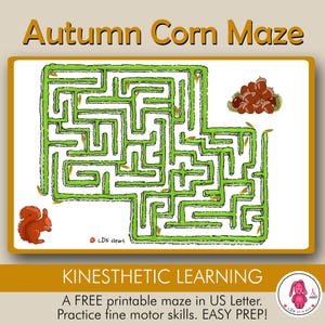 May include: A printable corn maze activity for kids featuring a green maze with a squirrel at the start and a pile of acorns at the end. The text "Autumn Corn Maze" is at the top of the page and "KINESTHETIC LEARNING" is below the maze. The text "A FREE printable maze in US Letter. Practice fine motor skills. EASY PREP!" is at the bottom of the page.