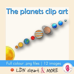 PLANETS Clip Art, todos los planetas seguidos, incluido el fondo espacial en jpg | Descarga digital de 300 ppp | PNG | uso comercial