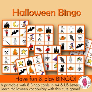 Bingo d'HALLOWEEN ! 8 cartes • Jouez au jeu imprimable • Activité du 31 octobre • Orthophoniste • Enseignant • Montessori • École maternelle - École à la maison