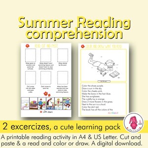 May include: A printable summer reading comprehension activity pack. Includes two exercises: a cut-and-paste activity and a color-and-draw activity. Features illustrations and instructions for young learners. Includes the text "Summer Reading comprehension".