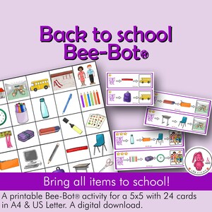 Può includere: Un'attività stampabile "Back to School Bee-Bot" con una griglia di immagini scolastiche e schede attività. Lo sfondo viola presenta il testo "Back to School Bee-Bot" e "Bring all items to school!"