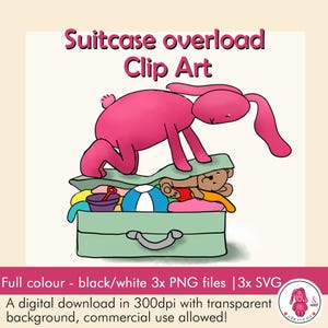 GRAPPIG konijntje pakt overvolle KOFFER in • Schattige roze dier op vakantie clip art • 300 dpi • Commercieel gebruik | SVG • png • jpg