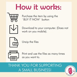 May include: A graphic with instructions on how to purchase and use digital files. The text reads "How it works:" followed by steps including purchasing, downloading, unzipping, and printing. The image includes a shopping cart, a download icon, a zip file icon, and a printer icon.