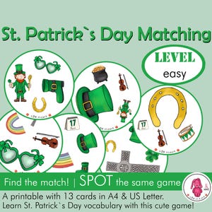 Op de afbeelding: Een St. Patrick's Day-zoekspel met groene en gouden illustraties. Het spel bevat afbeeldingen van een kabouter, een hoefijzer, een pot met goud en een groene hoed. De tekst luidt "St. Patrick's Day Matching" en "Find the match!"
