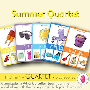 Jogo de quarteto SUMMER: uma atividade estilo Go fish | Para fonoaudiólogo • Escola • Professor • Montessori • Pré-escola - Educação domiciliar