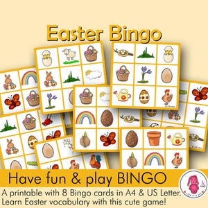 Bingo de PÁSCOA! 8 cartas • Jogue o divertido jogo para imprimir • Atividade de primavera • Fonoaudiólogo • Professor • Montessori • Pré-escola - Educação domiciliar