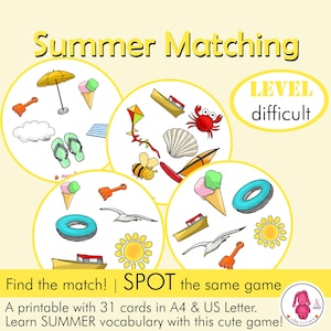 Juego de emparejamiento VERANO | Spot it / Dobble style: actividad divertida • Terapeuta del habla • Profesor • Montessori • Educación especial - Preescolar - Educación en el hogar