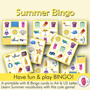 ¡Bingo de VERANO! 8 cartas • Juega al divertido juego imprimible • Actividad de verano • Terapeuta del habla • Maestro • Montessori • Preescolar - Educación en el hogar