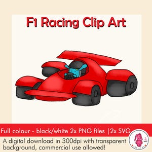 FORMULA 1 Racing with a funny bunny Clip Art • Driver in a red ferrari style race car SVG • png • jpg • 300 dpi digital download
