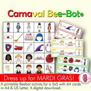 Peut inclure: Une activité Bee-Bot imprimable pour Mardi Gras. L'activité comprend une grille de 5x5 avec 64 cartes représentant divers costumes et objets liés à la fête. Les cartes sont conçues pour être utilisées avec un jouet programmable Bee-Bot.