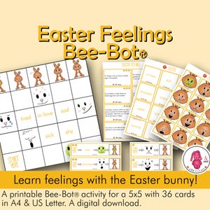Peut inclure: Une activité Bee-Bot imprimable sur le thème de Pâques avec une grille et des cartes illustrant des lapins et des mots d'émotions. Le texte indique "Easter Feelings Bee-Bot" et "Learn feelings with the Easter bunny!"