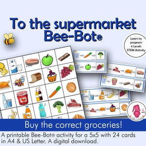 Könnte beinhalten: Ein druckbares Bee-Bot-Aktivität für ein 5x5-Raster mit 24 Karten, die Lebensmittel wie Milch, Äpfel und Brot zeigen. Enthält STEM-Aktivitätsanweisungen und den Text "To the supermarket Bee-Bot".