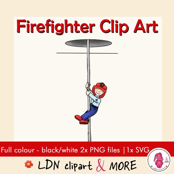 FIREFIGHTER sliding down Clip Art, a friendly fireman illustration | 300 dpi digital download | PNG | commercial use