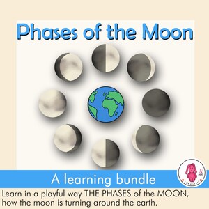 Pode incluir: Uma ilustração colorida das fases da lua, com uma Terra azul e verde no centro. O texto "Fases da Lua" está no topo da imagem, e o texto "Um pacote de aprendizagem" está na parte inferior. O texto "Aprenda de uma forma divertida AS FASES da LUA, como a lua gira em torno da Terra." está abaixo do texto "Um pacote de aprendizagem".