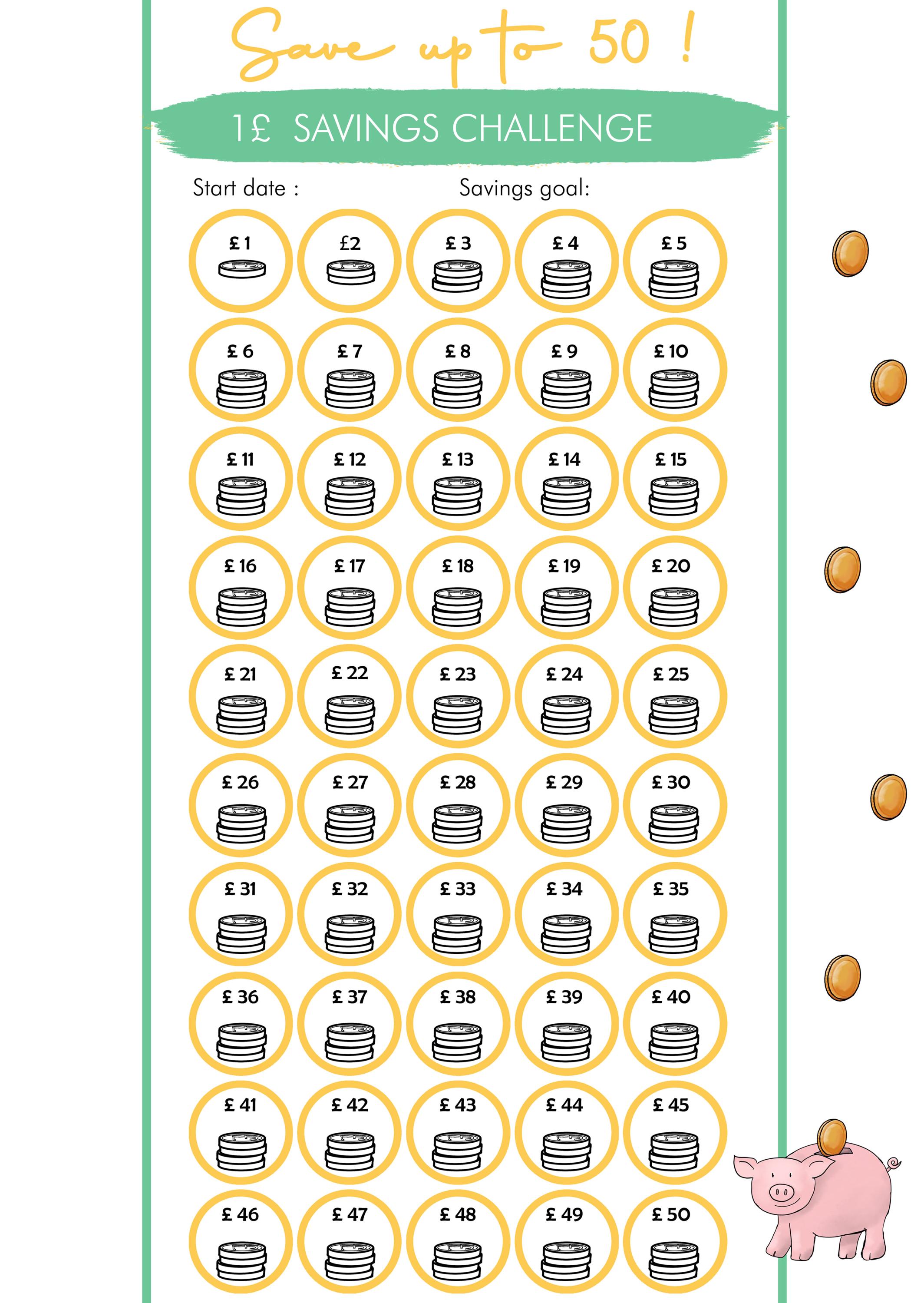 50 Money Saving Challenge Printable in Euro • Usd • Pound • 50 Savings ...