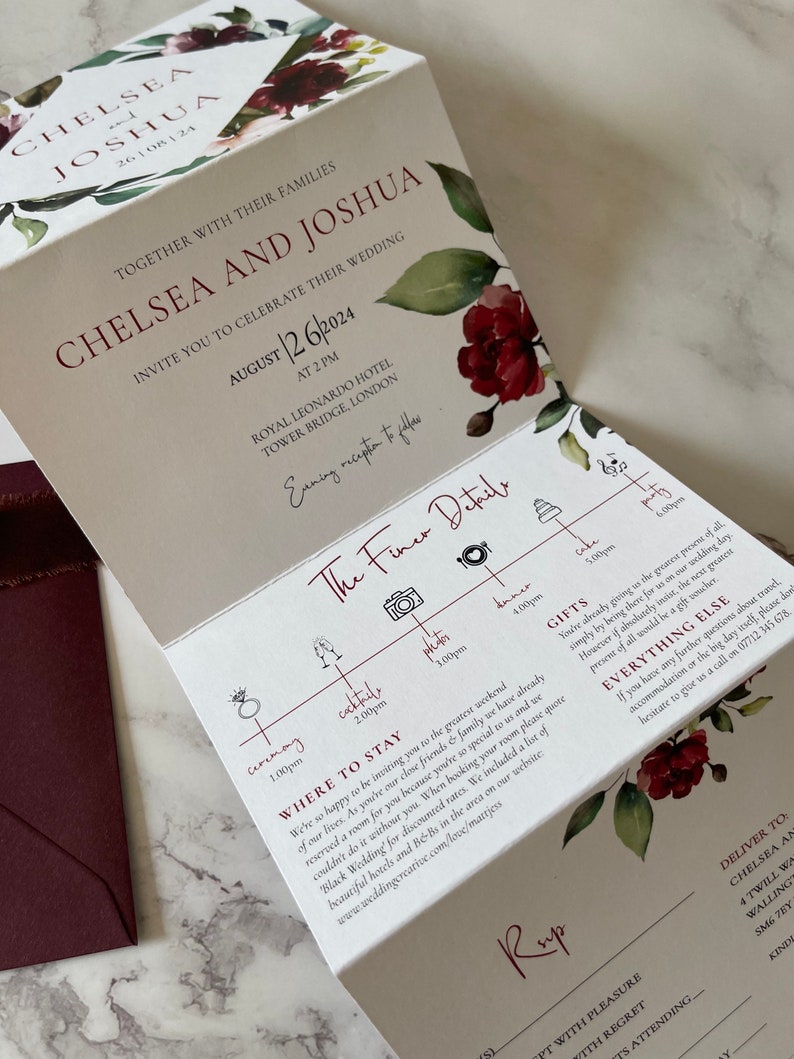 Burgundy Concertina Wedding Invitation Concertina Wedding Etsy UK