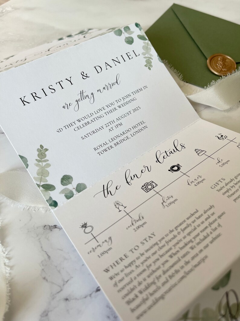 Concertina Wedding Invitation Eucalyptus Tri Fold Concertina Etsy UK