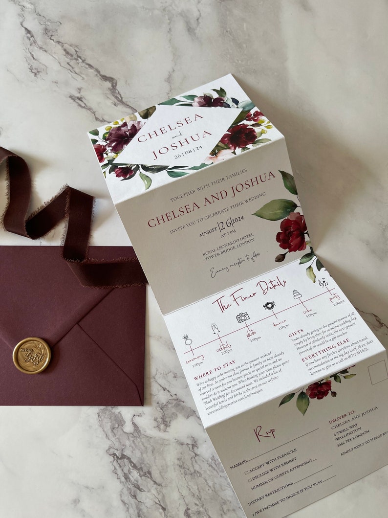 Burgundy Concertina Wedding Invitation Concertina Wedding Etsy UK
