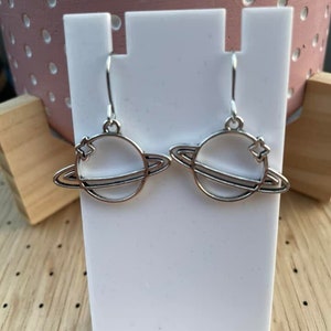 Silver Dangle/ Drop Earrings With Silver Planet/ Saturn