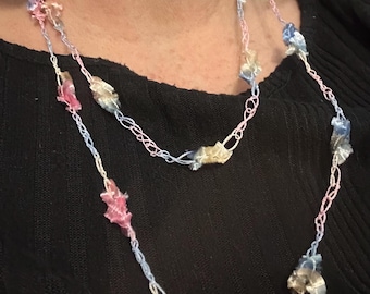 Pastel Crochet Necklace, Feathered Eyelash Wool, Boho Hippie Jewelry