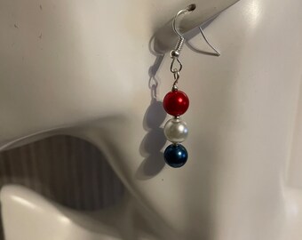 Union Jack earrings, red white and blue earrings, silver plated earrings, faux pearl earrings