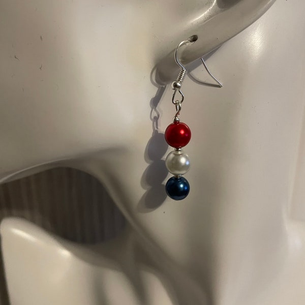 Union Jack earrings, red white and blue earrings, silver plated earrings, faux pearl earrings