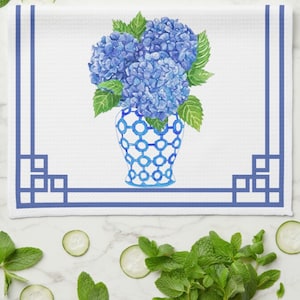 Choice of blue and white,  chinoiserie chic tea towel. Greek key border. Many options. Grandmillenial. Perfect hostess gift.