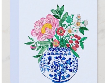 Set of 10 Chinoiserie chic, grandmillenial, blue and white ginger jar vase with peony wildflower bouquet. 4x6” Blank greeting cards.