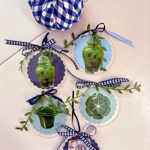 4” Handmade Lucite Decoupage Grandmillenial Ornaments – Bordallo Cabbage Ware, Herend, Nutcrackers & Chinoiserie ginger jars. Gift wrapped.