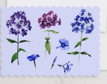 Set of 10, personalized custom or blank scalloped phlox, hydrangea, purple flat stationery/ greeting cards. 5x7”. Gift for her under 30