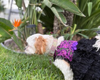 Purple flowers día de los muertos dress