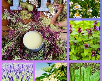 Sooth your skin Salve with Lavender, wild chamomile, Plantain, Self Heal and Elderflower! Calming and healing!