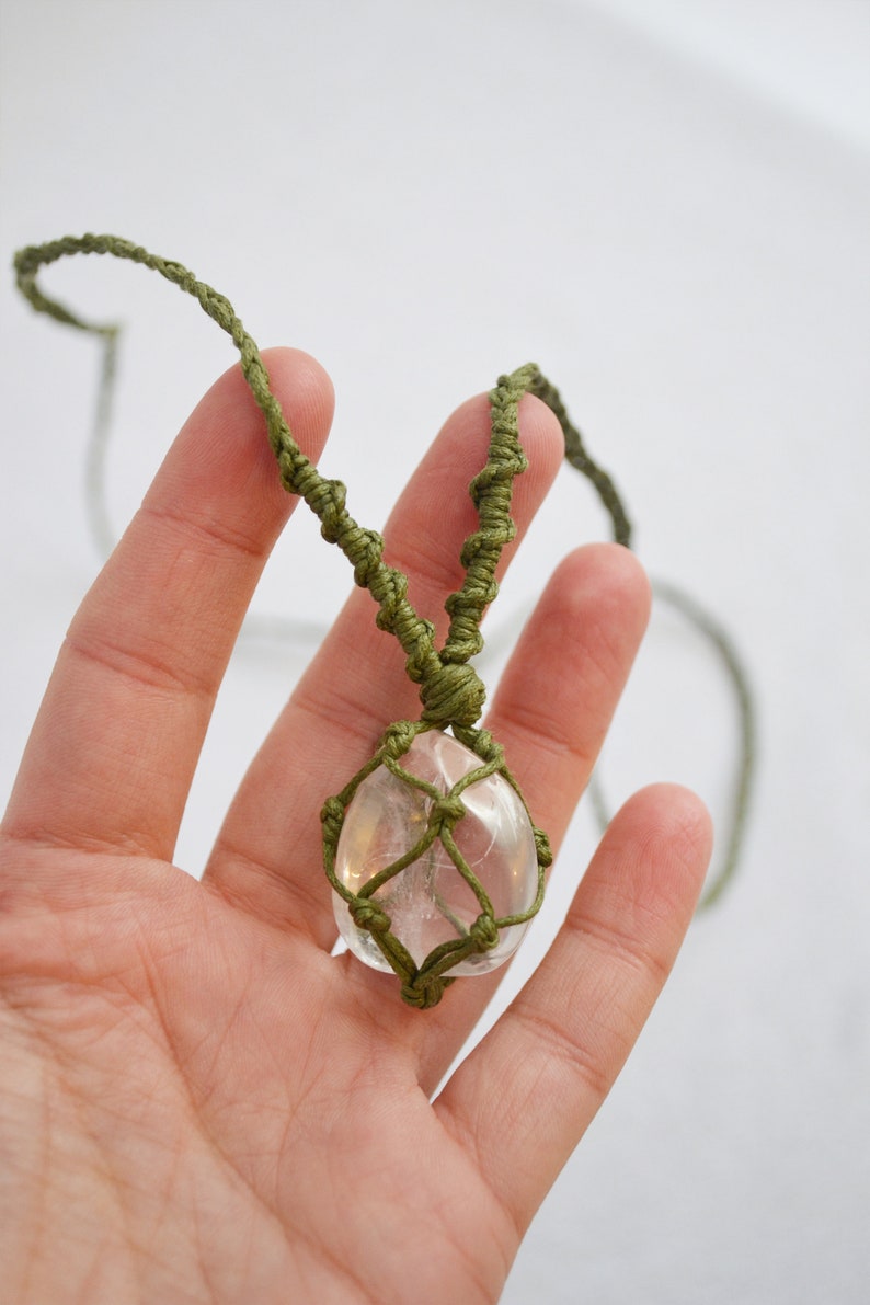 Quartz transparent collier macramé Olive green