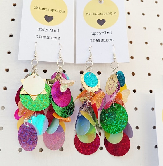 Oversize Sequin Holographic Rainbow Disco Festival Earrings. Etsy UK