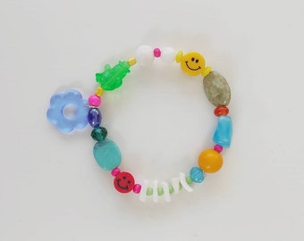 Stacking arm candy beaded bracelet  rainbow colour pop. 90s upcycled beads.smiley face, vintage beads. Neon blue daisy charm