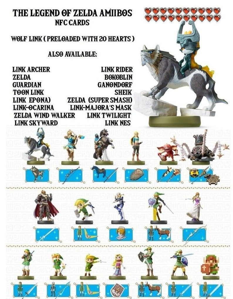 Wolf Link 20 Hearts Amiibo NFC Card, Legend of Zelda BOTW TOTK Choose ...