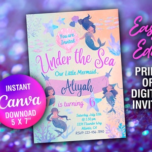 Cute Little Mermaid Birthday Invitation - Editable Instant Digital Download Template - Customizable 5x7 - Print or Download Girl or Baby