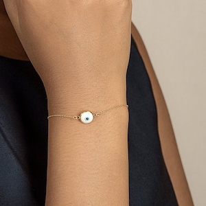 14k Solid Gold Evil Eye Bracelet: Dainty Cable Chain, Protection Charm