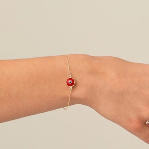 14k Solid Gold Red Evil Eye Bracelet: Dainty Cable Chain