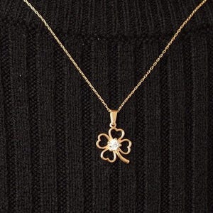 14k Solid Gold Four-Leaf Clover Necklace: Shamrock CZ Pendant