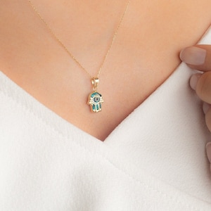 14k Solid Gold Turquoise Hamsa Hand Evil Eye Necklace - 14k Gold Hamsa Necklace - Charm Evil Eye Necklace - Fine Jewelry - Birthday Gift