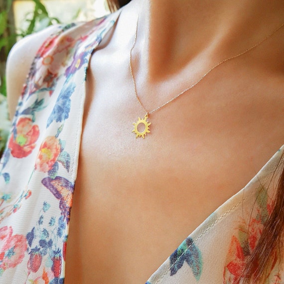 14k Solid Gold Sun Necklace 14k Gold Good Vibes Only Pendant