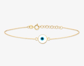 14k Solid Gold White Evil Eye Bracelet - Protection Charm Bracelet - Good Luck Bracelet - Evil Eye Jewelry - Fine Jewelry - Gift for Her