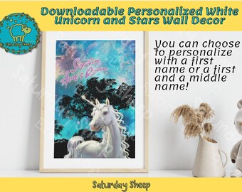 Personalized Unicorn Wall Décor, Personalized White Unicorn and Stars, Printable Wall Art,  Baby Girl Gift, Custom Digital Download Poster