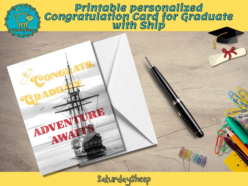 Printable personalized Congratulation Card for Graduate with Ship, Letter Size Printable, Card for Her, Graduation Card, PDF image 1