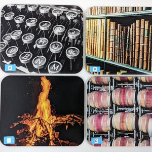 May include: Four square images with different themes. The first image shows a vintage typewriter keyboard with black keys and white lettering. The second image shows a bookshelf filled with old, leather-bound books. The third image shows a campfire with orange flames. The fourth image shows a stack of wooden wine barrels.