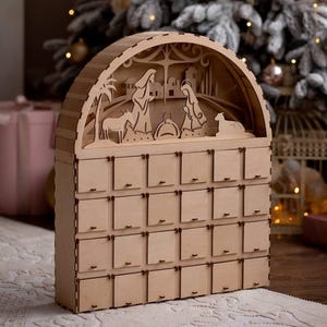 Adventskalender Krippe aus Holz | Wiederverwendbarer Weihnachts-Countdown | Laser Cut Dekor