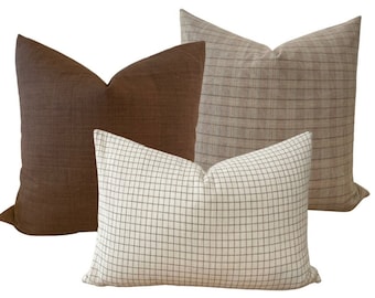 Blaire Pillow Combo| Designer Pillows| Decorative Pillows| Set of Three Pillow Covers| Brown Pillows| Linen Pillow| Beige Pillow| Pillow Set